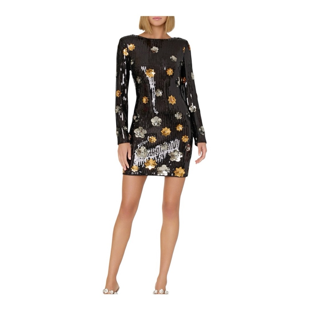 Milly Women Selene 3D Floral Appliqué Sequin Long Sleeve Cocktail Dress Size 4